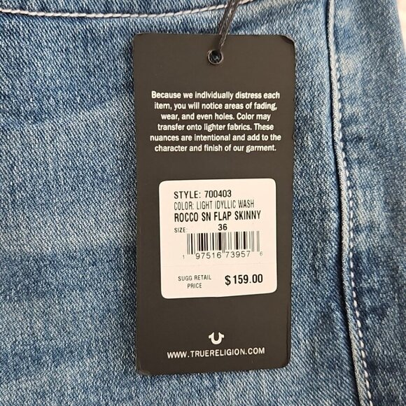 NWT True Religion Rocco Jeans Men's 36x32 Light Relaxed Flap Pocket Green Stitch - Picture 4 of 15